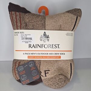 Rainforest 6 Pack Men's Outdoor Mid-Crew Socks Moisture Control Arch Support NWT
